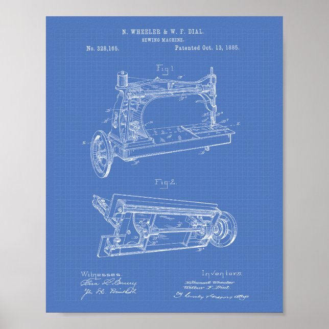 Sewing Machine 1885 Patent Art - Blueprint Poster (Front)