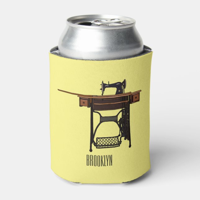 Sewing machine cartoon illustration  can cooler (Can Front)