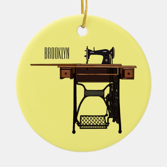 Sewing machine cartoon illustration  ceramic ornament (Front)