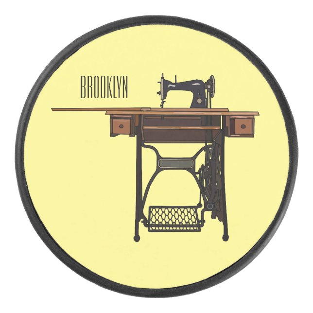 Sewing machine cartoon illustration  hockey puck (Front)