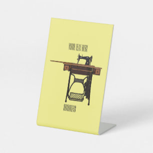 Sewing machine cartoon illustration pedestal sign