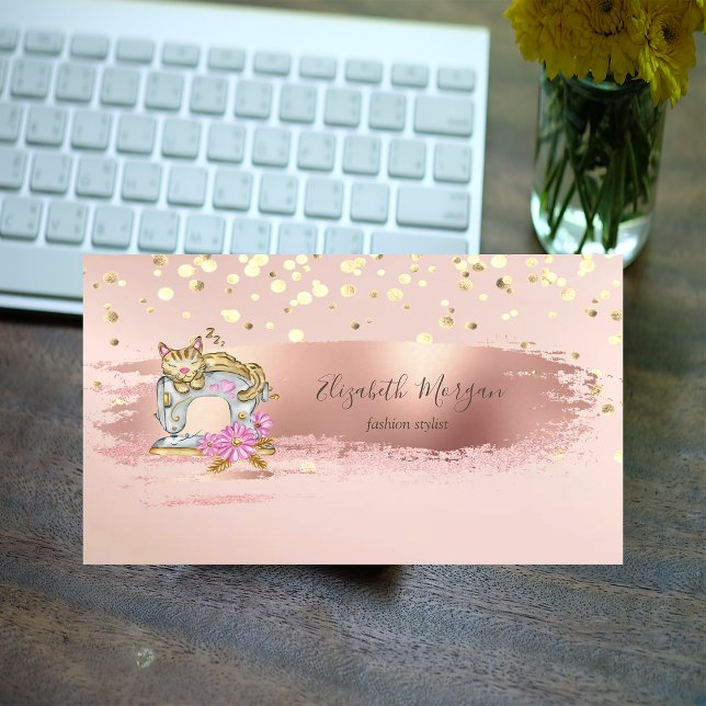 Sewing Machine Cat Gold Confetti, Brush Stroke  Business Card (Creator Uploaded)