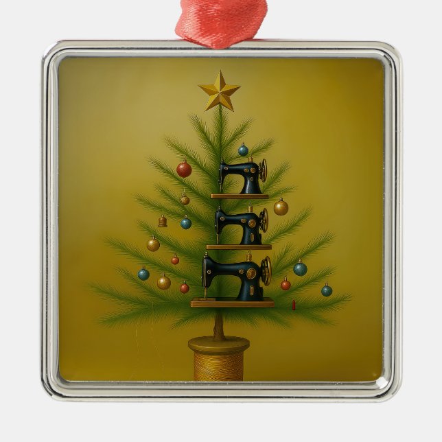 Sewing machine Christmas tree Happy Crafty Xmas Metal Ornament (Front)
