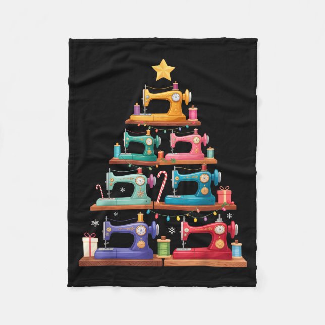 Sewing Machine Christmas Tree Lights Santa Hat Xma Fleece Blanket (Front)