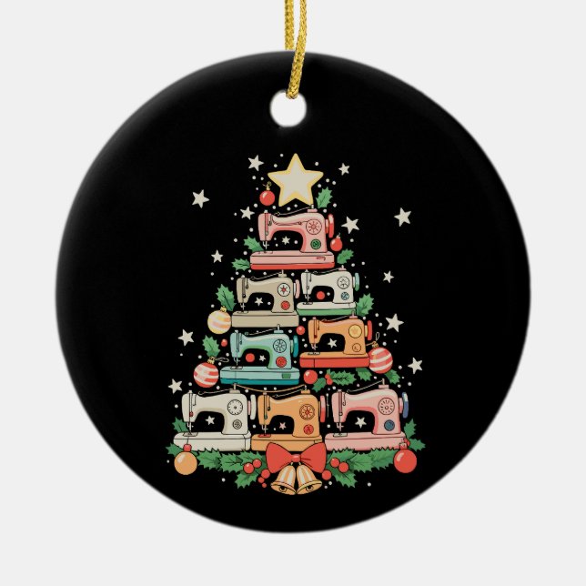 Sewing Machine Christmas Tree Stitch Knit Sew Xmas Ceramic Ornament (Front)