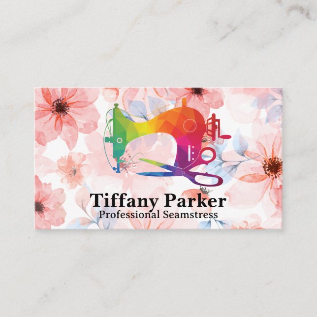 Sewing Machine Colourful Logo | Flowers Business Card (Front)