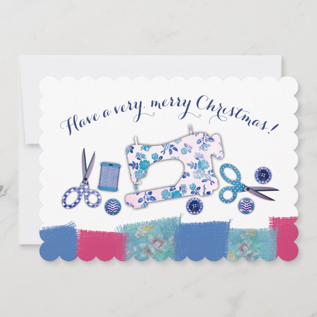Sewing machine fabric seamstress Christmas card (Front)