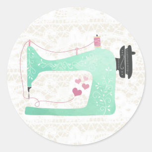 Sewing Machine on Shabby Chic Lace & Burlap Classic Round Sticker