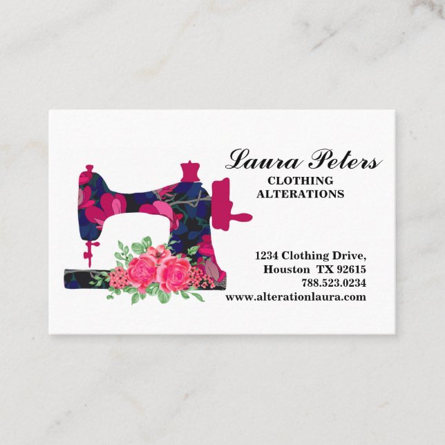 Sewing Machine Rose Flowers Clothing Alteration Business Card (Front)