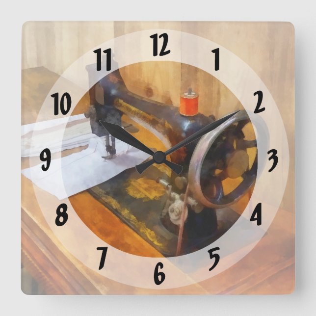 Sewing Machine With Orange Thread Square Wall Clock (Front)