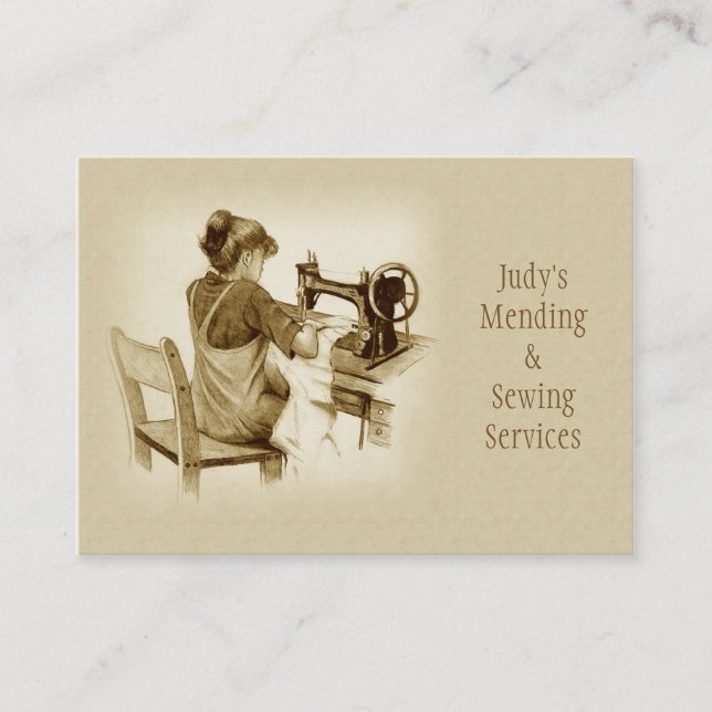 Sewing, Mending Business Card: Sepia Drawing, Girl Business Card (Front)