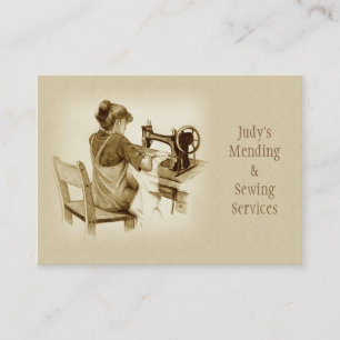 Sewing, Mending Business Card: Sepia Drawing, Girl Card