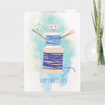Sewing needle thread spools snowman Christmas card