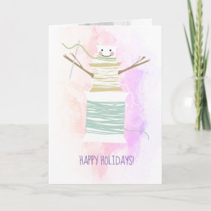 Sewing needle thread spools snowman Christmas card