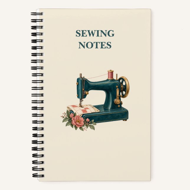Sewing Notes Vintage Teal Machine Floral Notebook (Front)