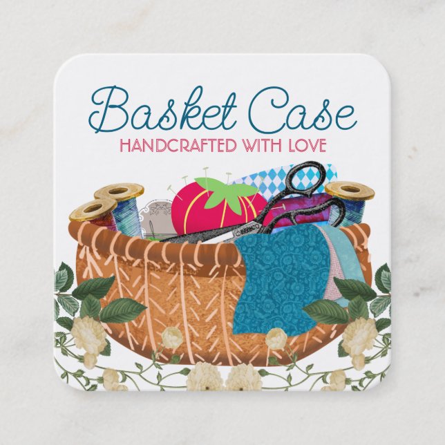 Sewing notions basket seamstress fabric crafts squ square business card (Front)