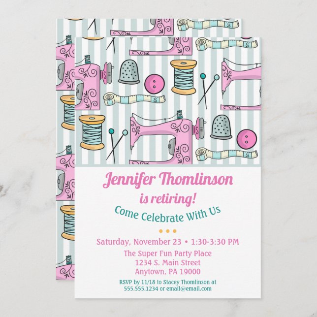 Sewing Retirement Party Invitation Pink (Front/Back)