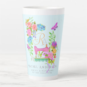 Sewing Ribbon Floral Monogram Blue Latte Mug