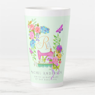 Sewing Ribbon Floral Monogram Green Latte Mug