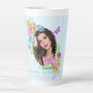 Sewing Ribbon Floral Monogram Photo Blue Latte Mug
