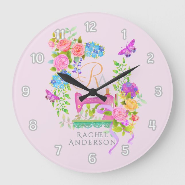 Sewing Ribbon Floral Monogram Pink Large Clock (Front)