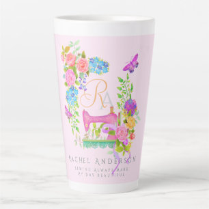 Sewing Ribbon Floral Monogram Pink Latte Mug