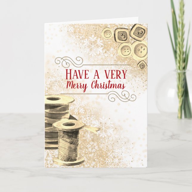 Sewing seamstress homemade gifts thread buttons ho holiday card (Front)