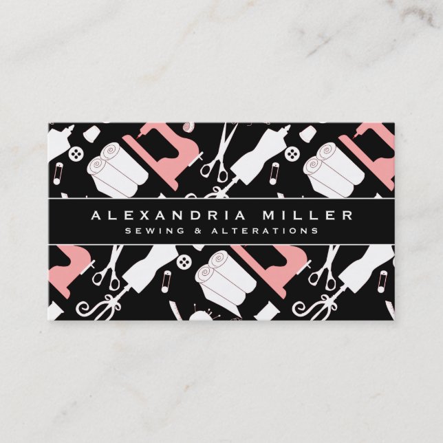 Sewing Seamstress Pattern | Black White & Pink Business Card (Front)