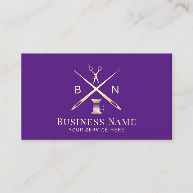 Sewing Seamstress Thread Needles Royal Purple Gold Business Card (Front)
