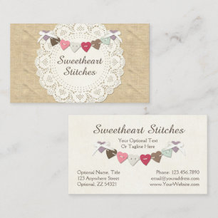 Sewing Stitches on Rustic Country Burlap & Hearts Business Card