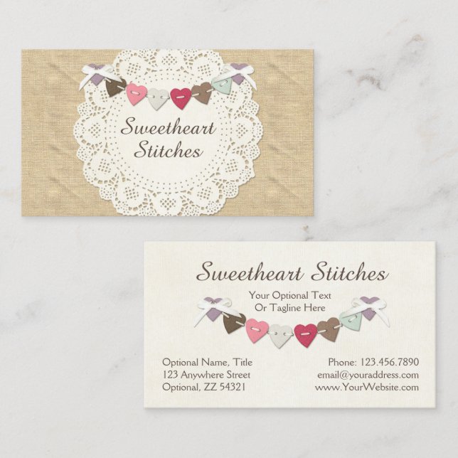 Sewing Stitches on Rustic Country Burlap & Hearts Business Card (Front/Back)