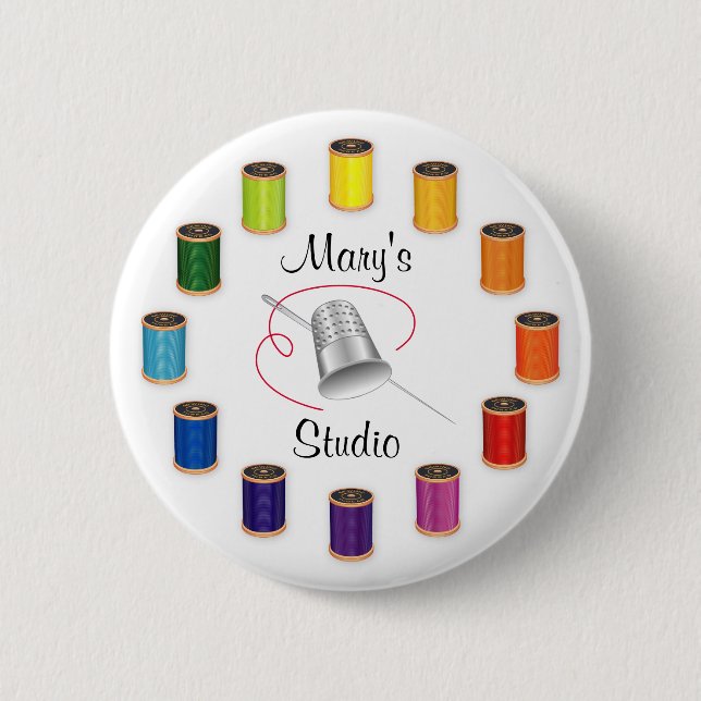 Sewing Thimble, Needle and Threads 6 Cm Round Badge (Front)
