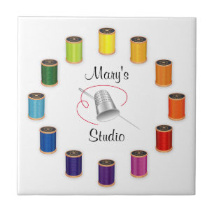 Sewing Thimble, Needle and Threads Ceramic Tile