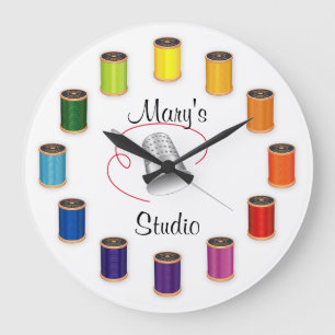 Sewing Thimble, Needle and Threads Large Clock