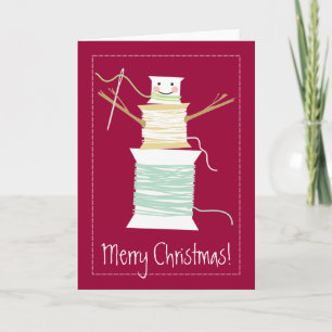 Sewing thread spools snowman Christmas holiday Card