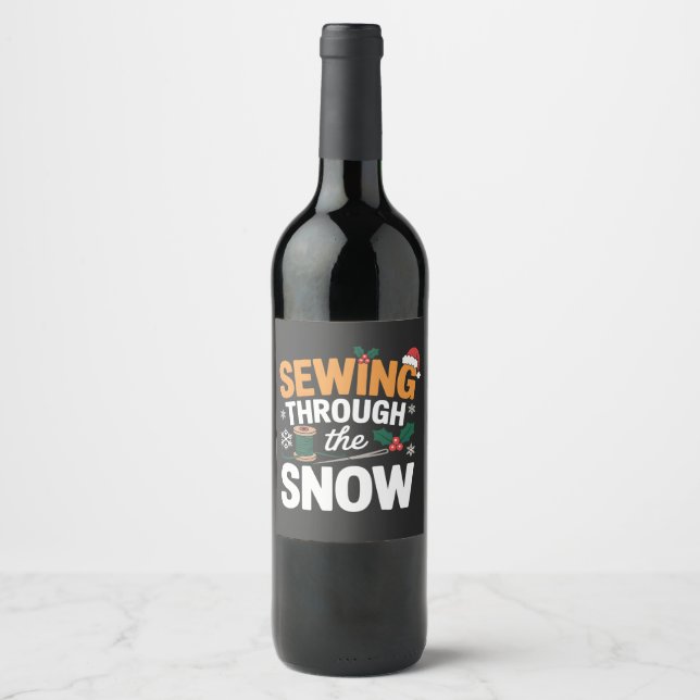 Sewing Through the Snow Funny Christmas Quilt Wine Label (Front)