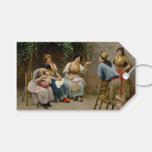 Sewing Women and a Boy Having a Friendly Chat Gift Tags