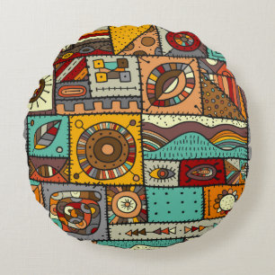 Sewn pieces of fabric in a patchwork style. Ethnic Round Cushion