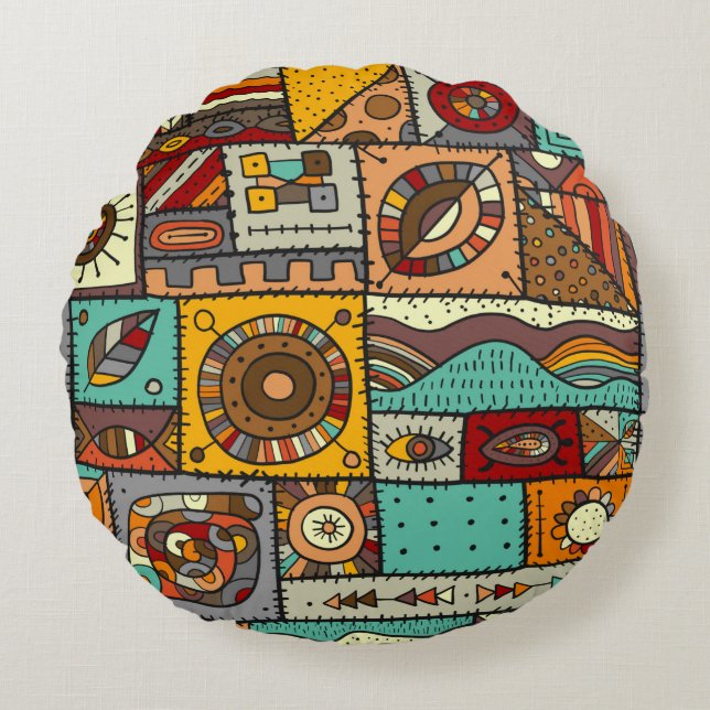 Sewn pieces of fabric in a patchwork style. Ethnic Round Cushion (Front)
