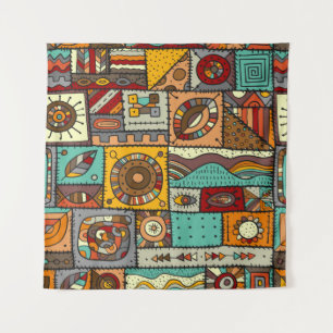 Sewn pieces of fabric in a patchwork style. Ethnic Tapestry