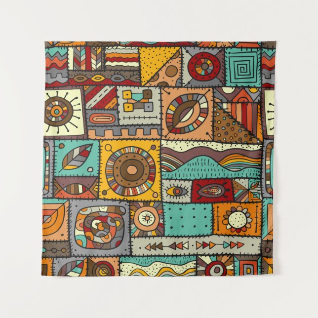 Sewn pieces of fabric in a patchwork style. Ethnic Tapestry (Front)