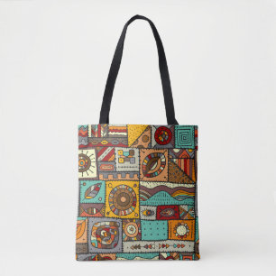 Sewn pieces of fabric in a patchwork style. Ethnic Tote Bag
