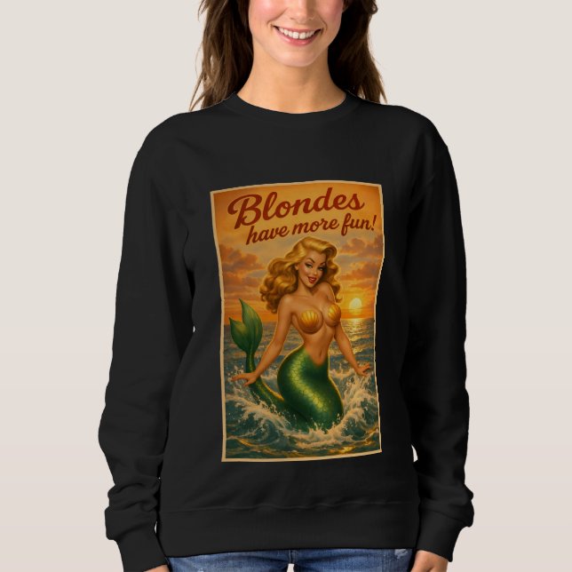 Sexy Beach Blonde Pin-Up Mermaid Retro Coastal Art Sweatshirt (Front)