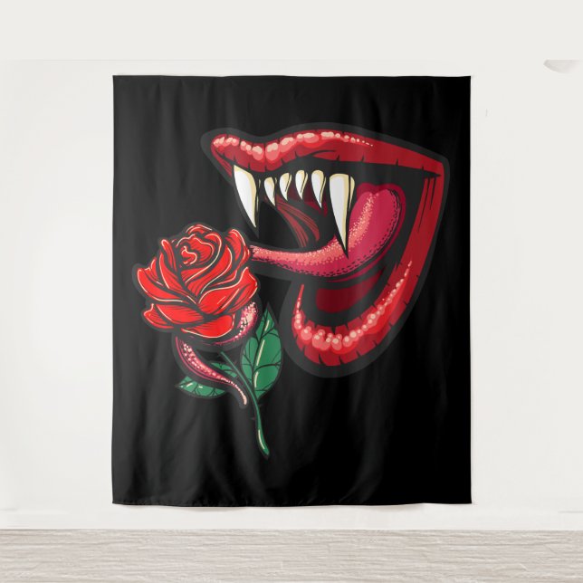 Sexy Goth Vampire Teeth And Rose Tapestry (Front)