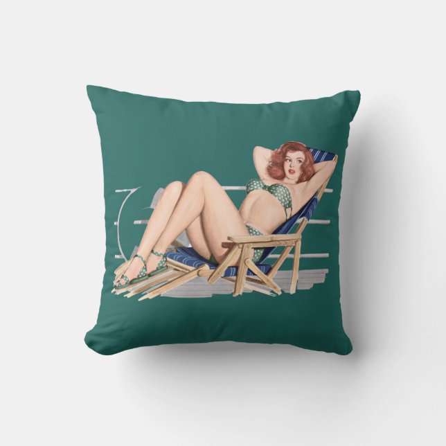 Sexy redhead pinup girl in green bikini cushion (Front)