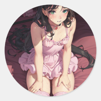 Sexy waifu, sexy young adult on bed classic round sticker