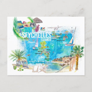 Seychelles Islands Illustrated Travel Map Postcard