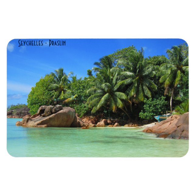 Seychelles - sand beach with palm trees on island magnet (Horizontal)