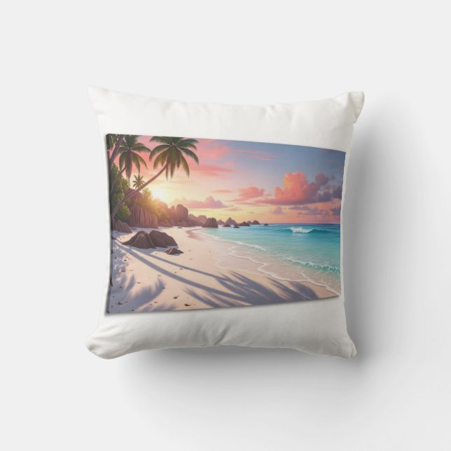 Seychelles Sunrise Beach Throw Pillow (Front)