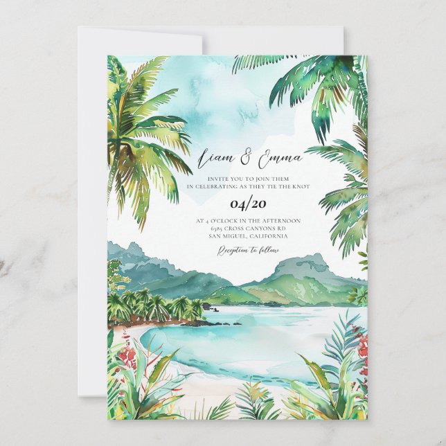 Seychelles watercolor wedding invitation (Front)